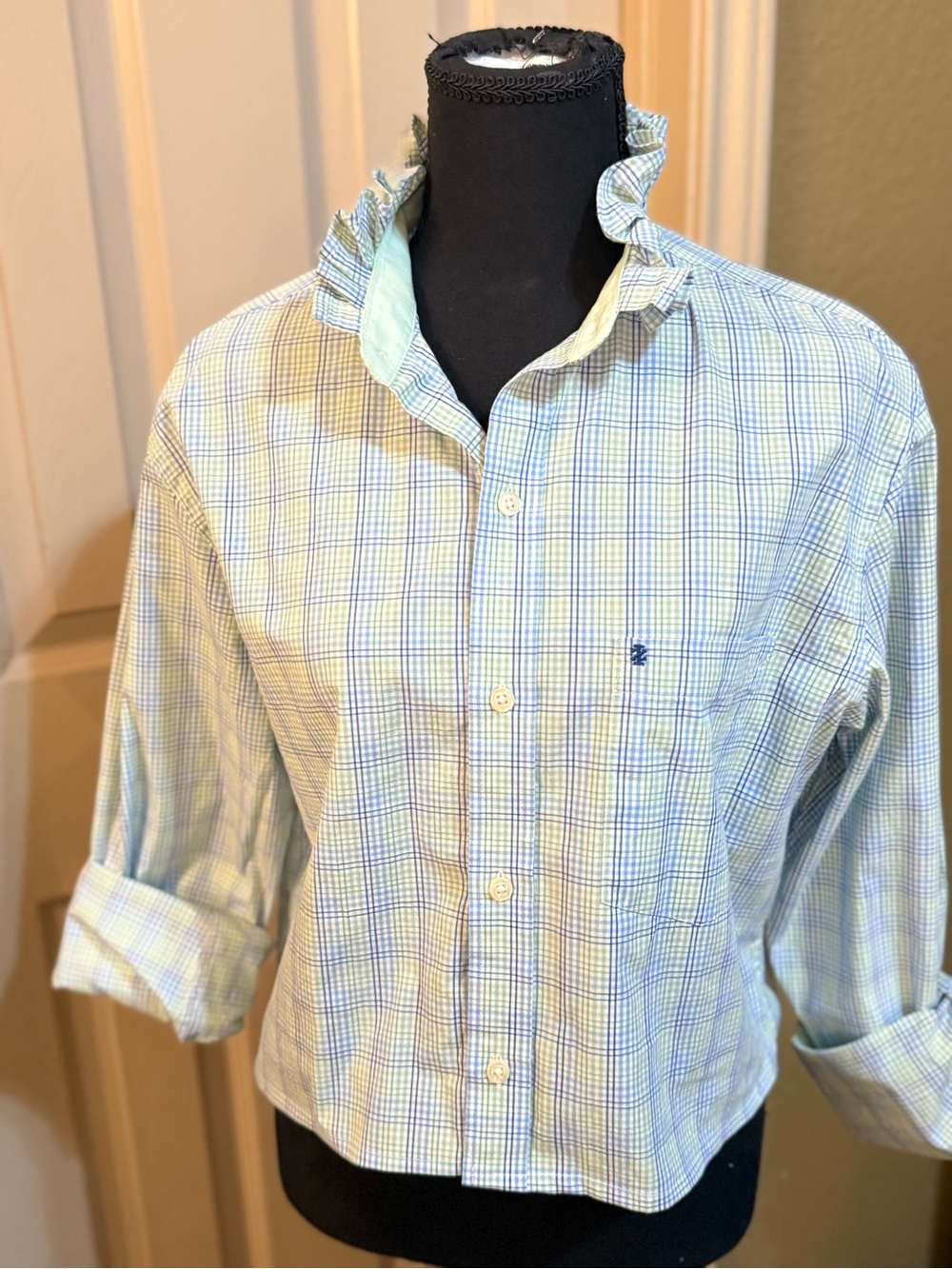 Upcycled Men's Izod Ruffled Collar Button-Up Shirt in Light Blue Plaid - Picture 2 of 8